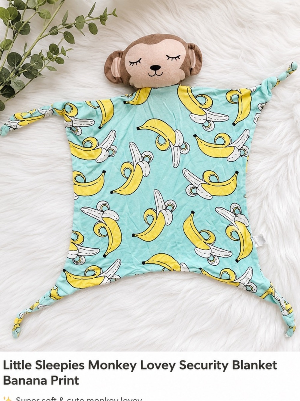 Little Sleepies Monkey Lovey Security Blanket Banana Print Bamboo Baby Lovey